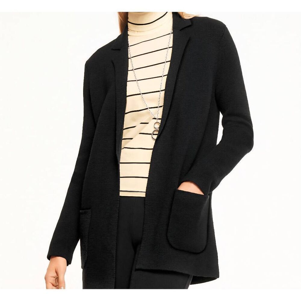 Talbots Sweater Blazer Women's Medium Black Notch Collar Wool Blend Open
